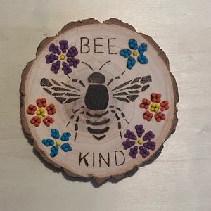 Bee Kind wood burning with gems.